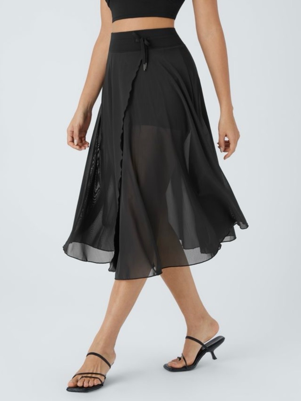 High Waisted Drawstring Contrast Mesh 2-in-1 Pocket Flowy Midi Flare skirt- NWT - Picture 3 of 11